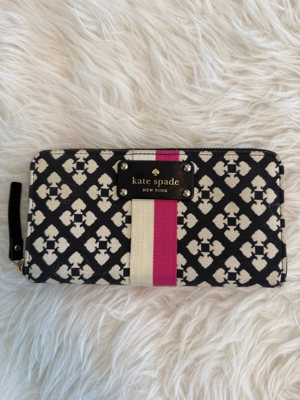 kate spade Black & White Patterned Zip Wallet with Pink and Cream Stripe